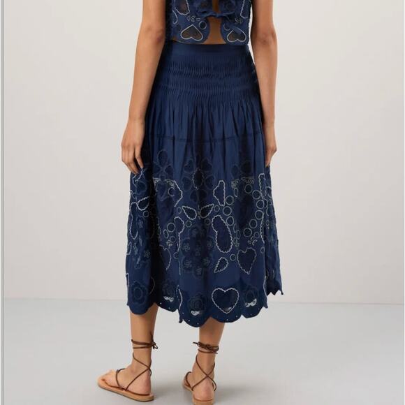 SEA Blue Eyelet Full Midi Skirt SIZE 4 Embroidered Prairie Western Designer $485 - Picture 2 of 13